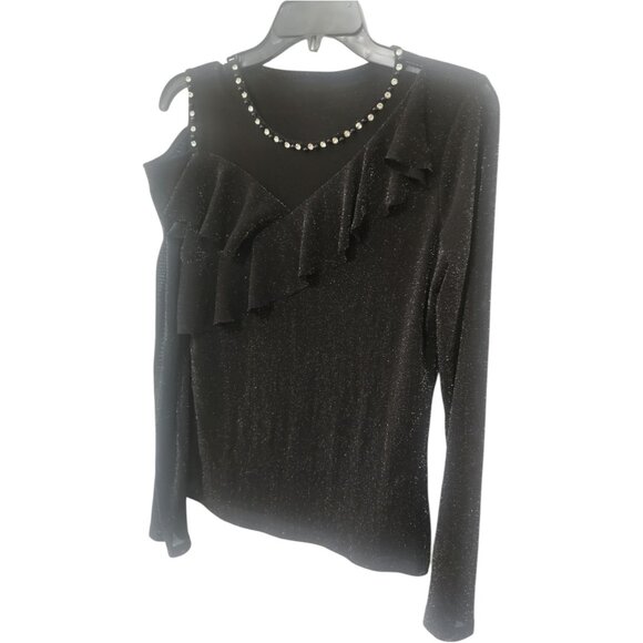 Rhinestones Glitter Sheer Long Sleeves Ruffle Trim Cut Out Top M - Picture 2 of 7